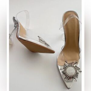 Catherine Malandrino Silver Pointed Toe Heels with Crystal Sunburst